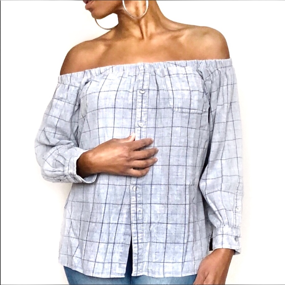 URBAN RENEWAL Off the Shoulder Plaid  Shirt S
